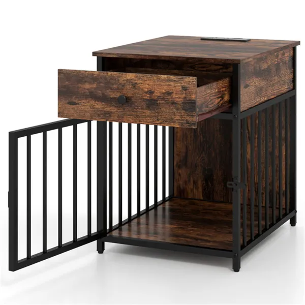 Black+Brown 2-in-1 Dog Crate End Table With Charging Station, Chew-Resistant Metal Tube Pet Furniture For Small Dogs Under 25 Lbs