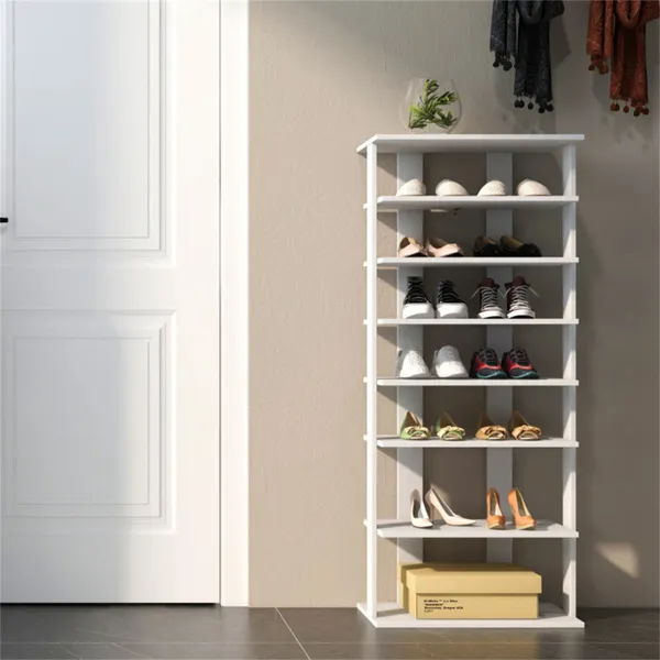 7-Tier Double-Row Shoe Rack With Adjustable Shelves, Anti-Tipping Narrow Storage Rack For Entryway Closet-White