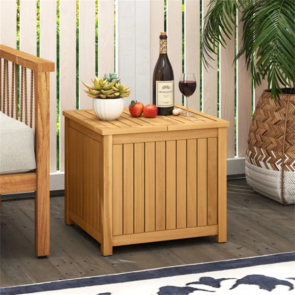Solid Acacia Wood Outdoor Side Table With Umbrella Hole, 2-in-1 Storage End Table For Patio Poolside_voghion.com