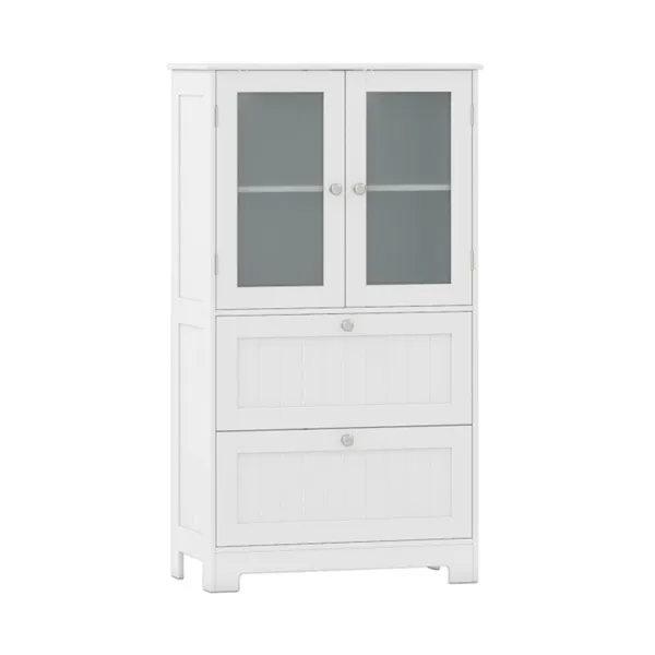 Freestanding Floor Storage Cabinet With Adjustable Shelf & 2 Drawers, Frosted Tempered Glass Door Sideboard