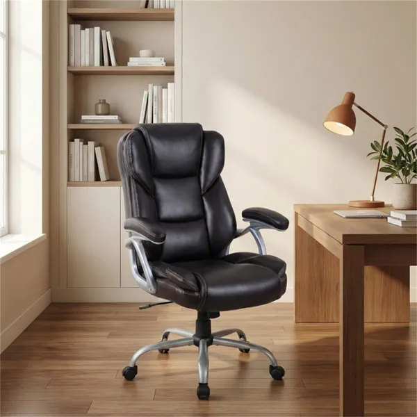 Ergonomic Executive Office Chair With Contoured Backrest, Adjustable Height & Recline For Home Office-Brown
