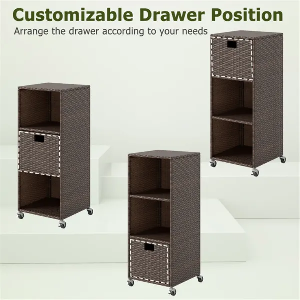 Mix Brown PE Rattan Outdoor Storage Cabinet, 3-Shelf With Removable Drawer & Lockable Wheels