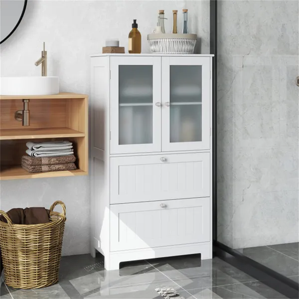 Freestanding Floor Storage Cabinet With Adjustable Shelf & 2 Drawers, Frosted Tempered Glass Door Sideboard