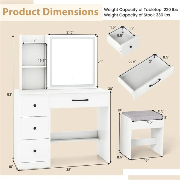 White Vanity Desk And Stool Set With Sliding Mirror & 3-Mode LED Light Strip, Anti-Toppling Dressing Table With Ample Storage