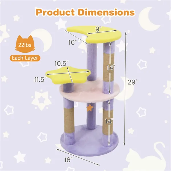 29" Moon & Star Cat Tree With 4 Levels, Jute Scratching Posts & Anti-Tipping Device For Kittens & Adults-Purple