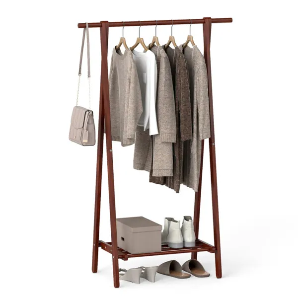 Solid Rubber Wood Folding Coat Rack, A-Frame Standing Clothes Rack With Bottom Storage Shelf