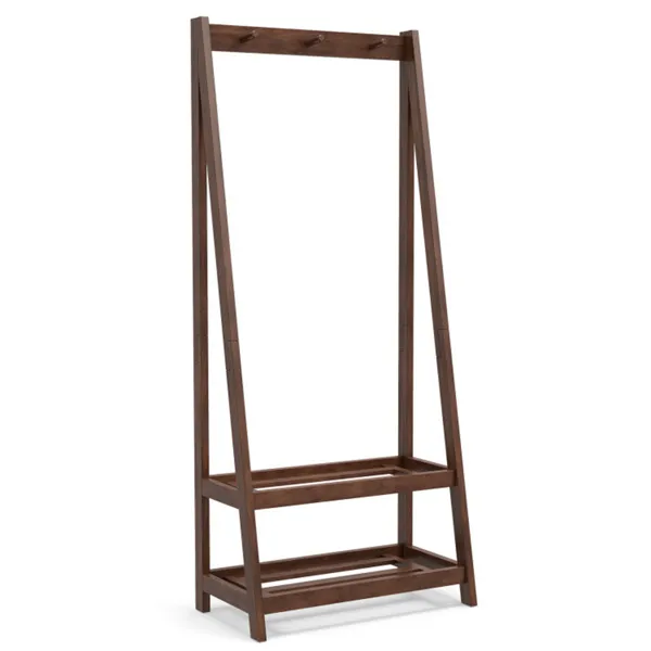 100% Solid Rubber Wood Freestanding Coat Rack, A-Frame Stable Garment Hanger With 3 Hooks & 2 Shelves