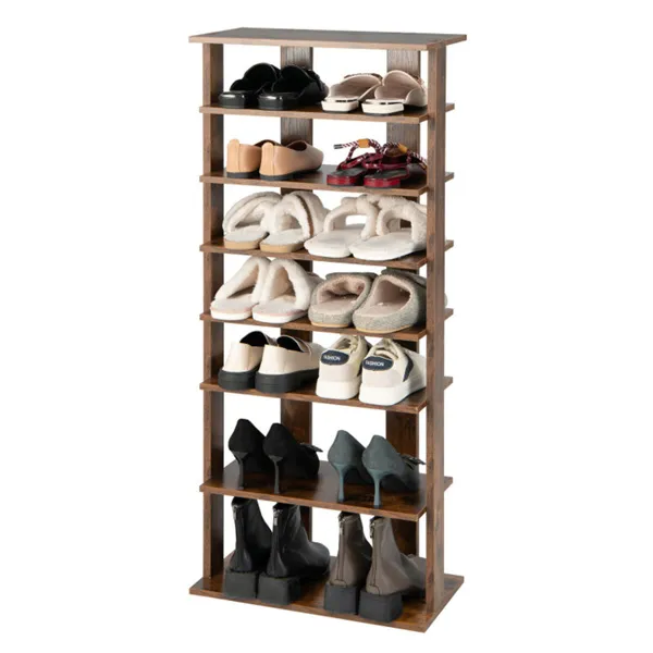 7-Tier Double-Row Shoe Rack With Adjustable Shelves, Anti-Tipping Narrow Storage Rack For Entryway Closet-Rustic Brown