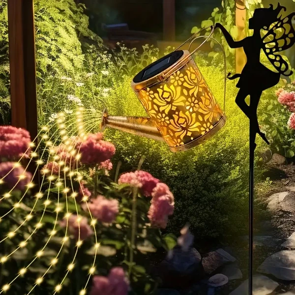 Ouddy Decor Fairy Garden Decor With Solar Watering Can, Metal Statues With Hanging Lanterns Waterfall Lights Silhouette Waterproof For Lawn Pathway Decorations Gardening Gifts For Mother's Da