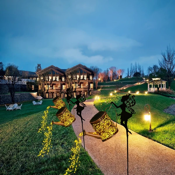 Ouddy Decor Fairy Garden Decor With Solar Watering Can, Metal Statues With Hanging Lanterns Waterfall Lights Silhouette Waterproof For Lawn Pathway Decorations Gardening Gifts For Mother's Da