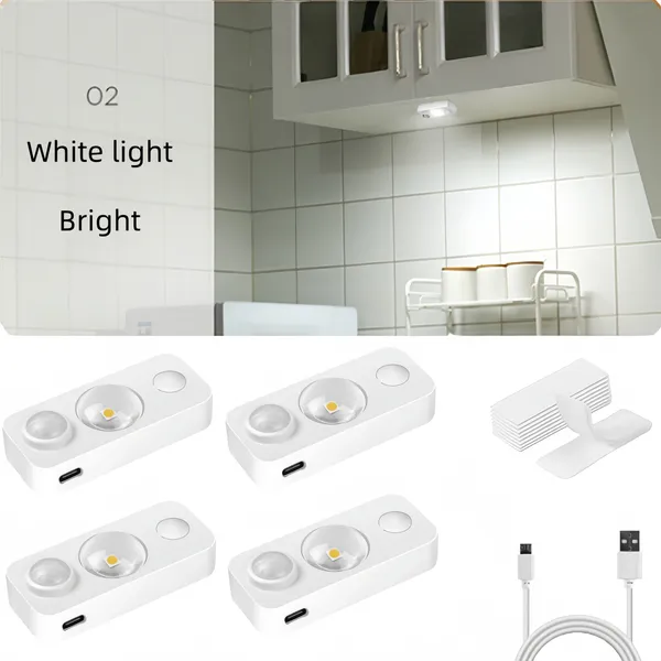 4PCS LED Motion-sensing Bulb, Rechargeable Cabinet Light, Stick-on Wireless LED Night Light, Under Drawers, Shelves, And Cabinets, Warm White, With USB Charging Cable, Equipped With Installat