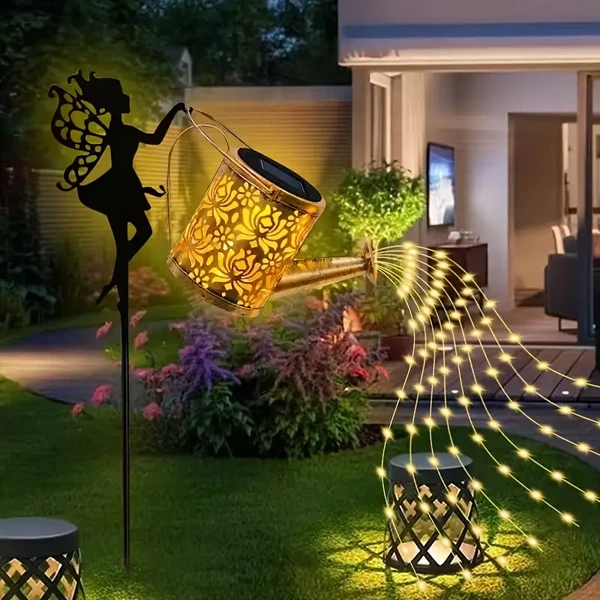 Ouddy Decor Fairy Garden Decor With Solar Watering Can, Metal Statues With Hanging Lanterns Waterfall Lights Silhouette Waterproof For Lawn Pathway Decorations Gardening Gifts For Mother's Da