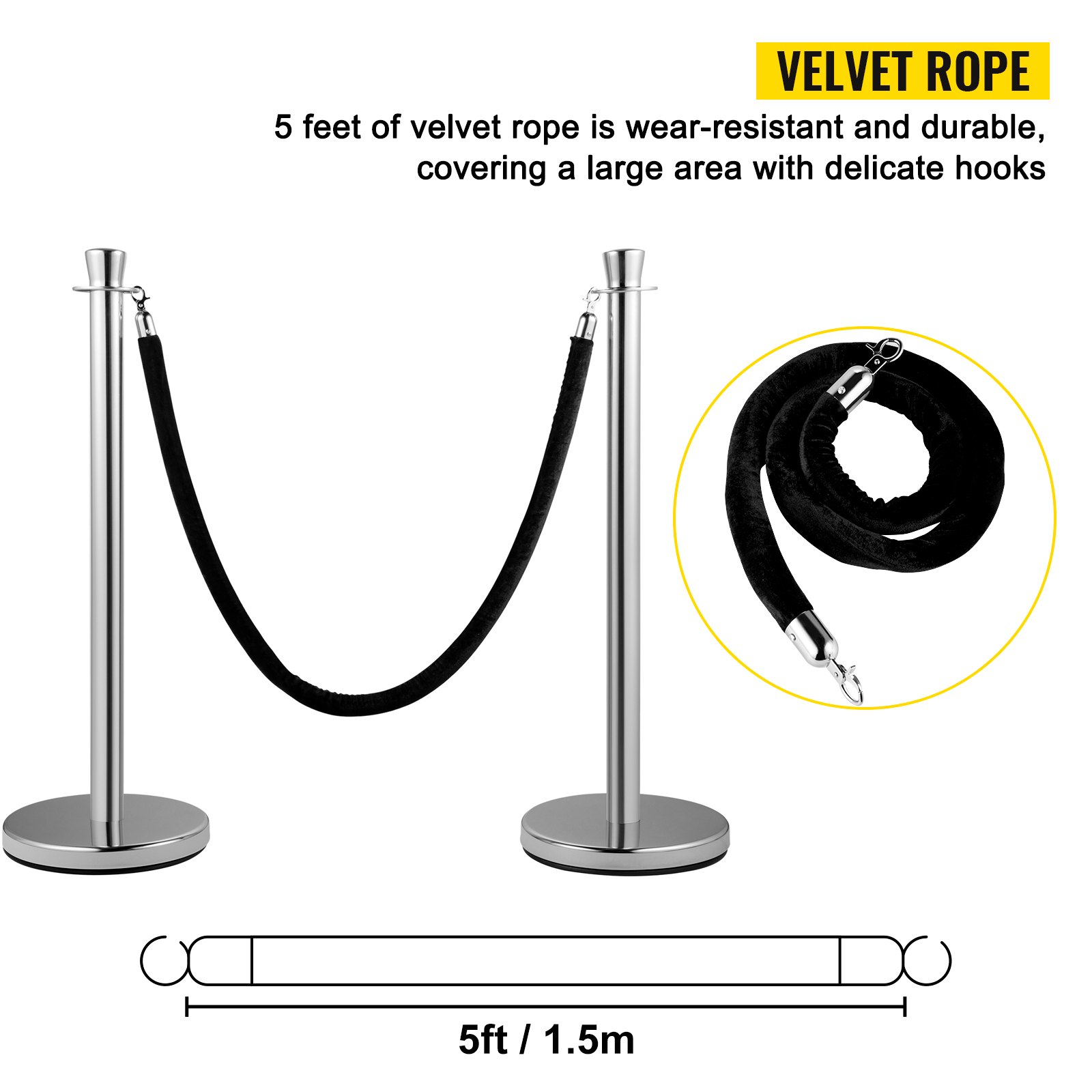 Crowd Control Stanchion, Set Of 2 Pieces With 5 Ft/1.5 M Black Velvet Rope — image 3