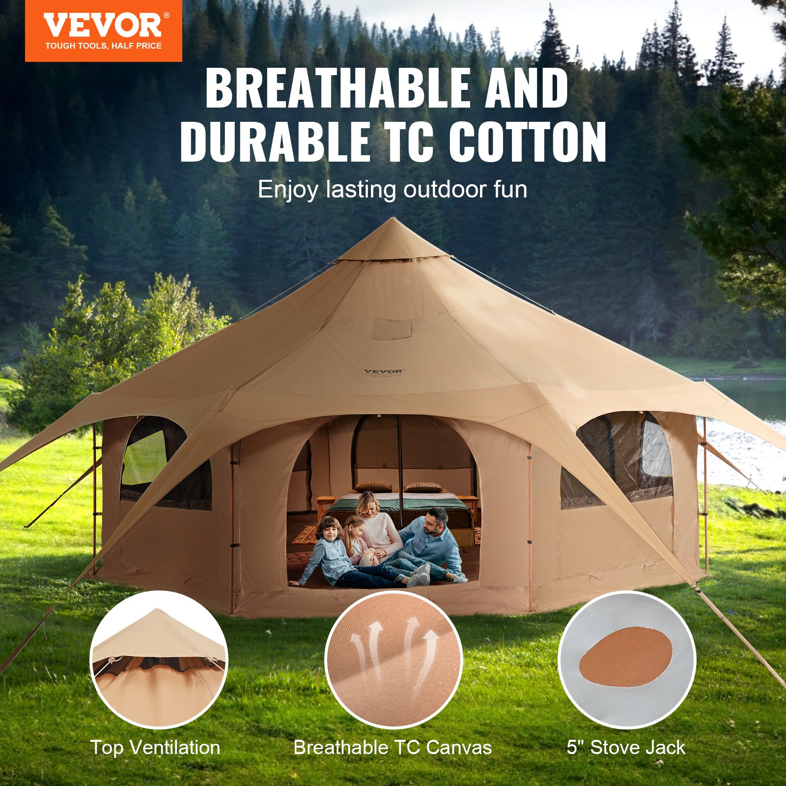 Canvas Tent, 4 Seasons 5 M/16.4 Ft Bell For Camping With Stove Jack, Breathable — image 3
