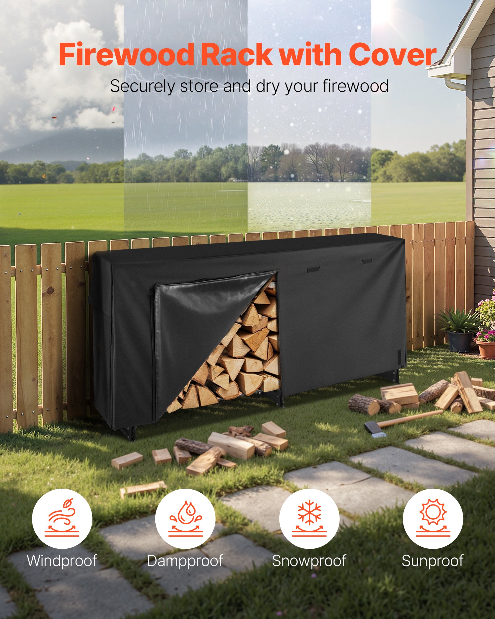Firewood Rack With Waterproof Cover, 8 Ft Outdoor Holder, 1/2 Cord Storage