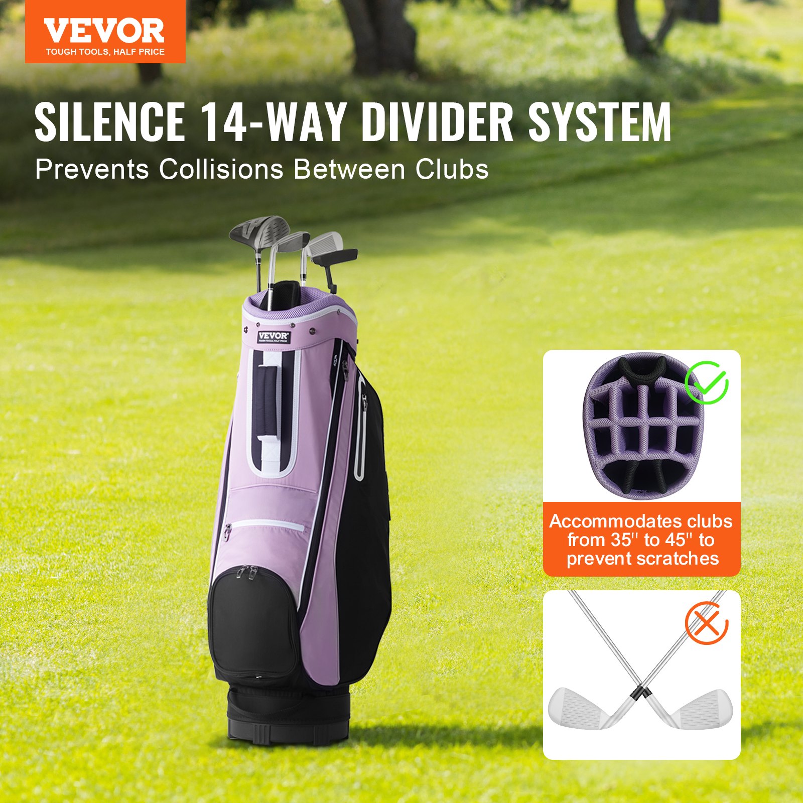 Golf Cart Bag With 14 Way Organizer Divider Top, 36” Multiple Pockets Premium Cart Bag, Durable Golf Bags With Handles & Dust Cover & Detachable Strap For Men & Women, Black Purple