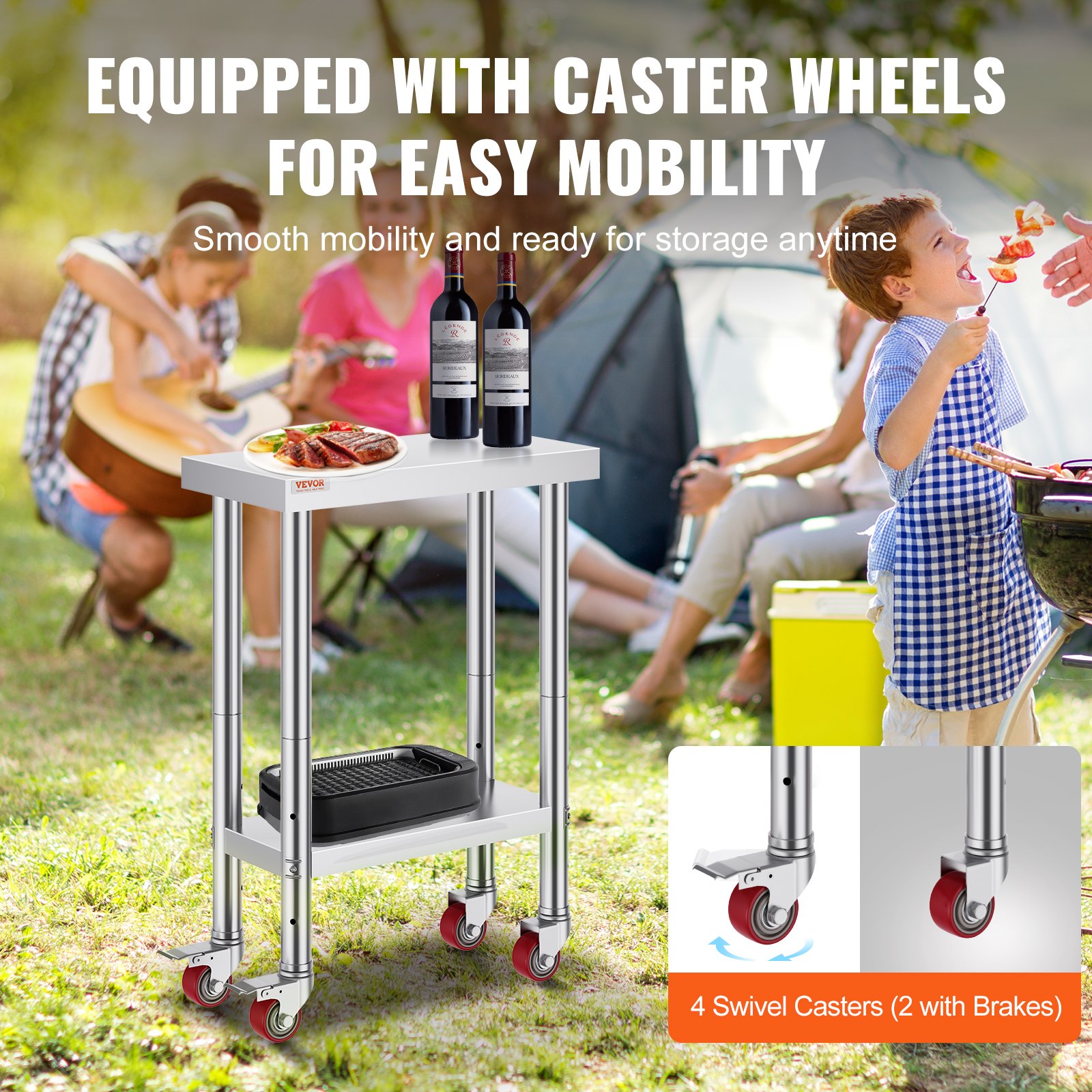 Stainless Steel Catering Work Table 12x24 Inch Commercial With 4 Wheels Food — image 2