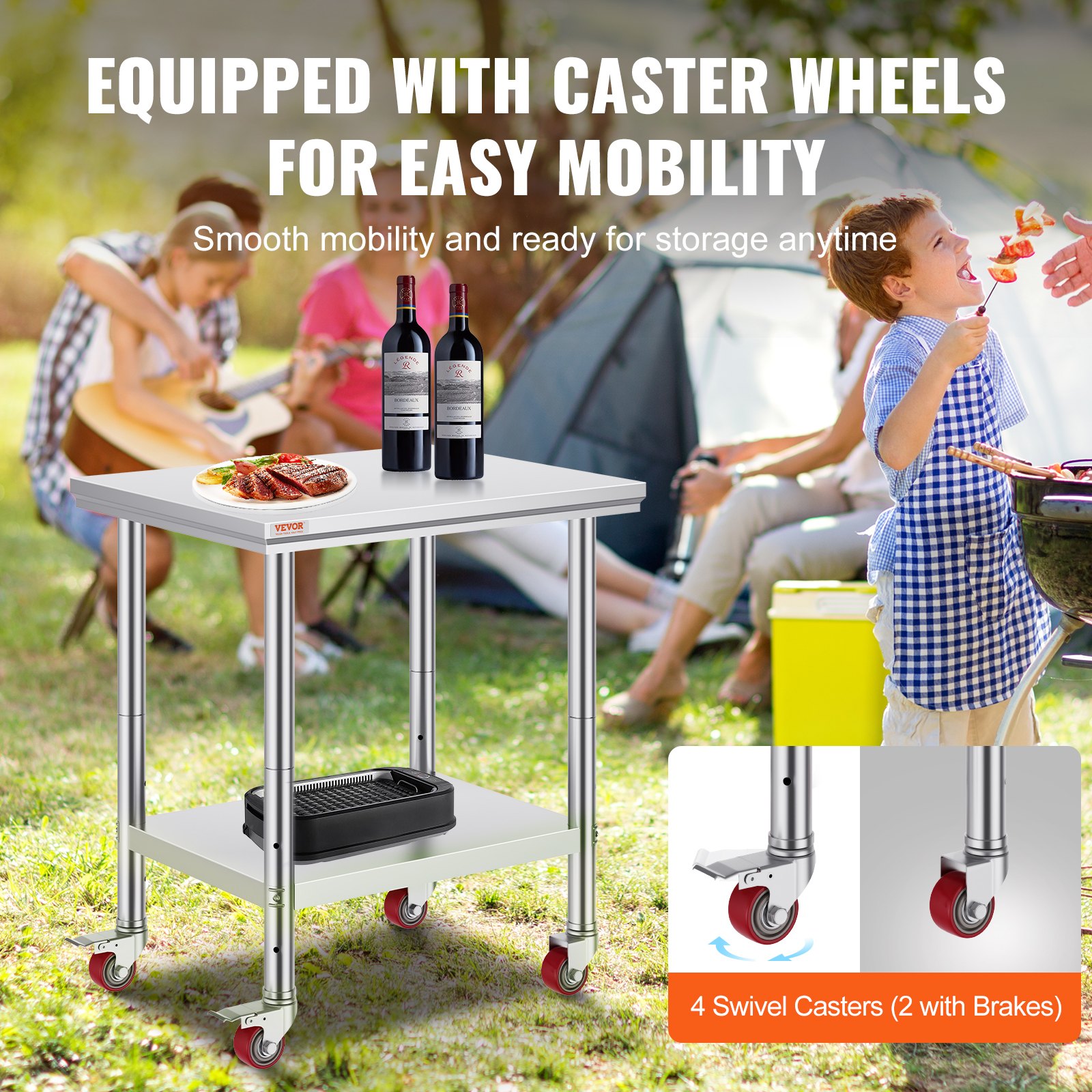 Stainless Steel Catering Work Table 30x24 Inch Commercial With 4 Wheels Food