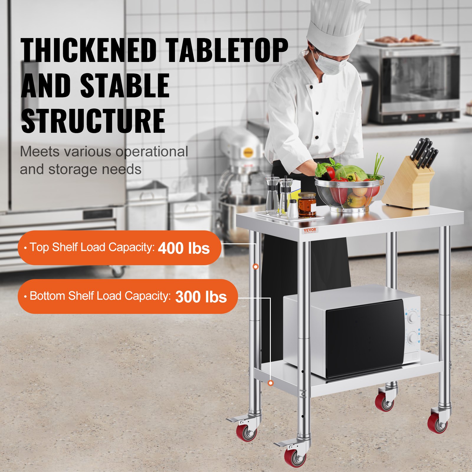 Stainless Steel Catering Work Table 30x24 Inch Commercial With 4 Wheels Food — image 3