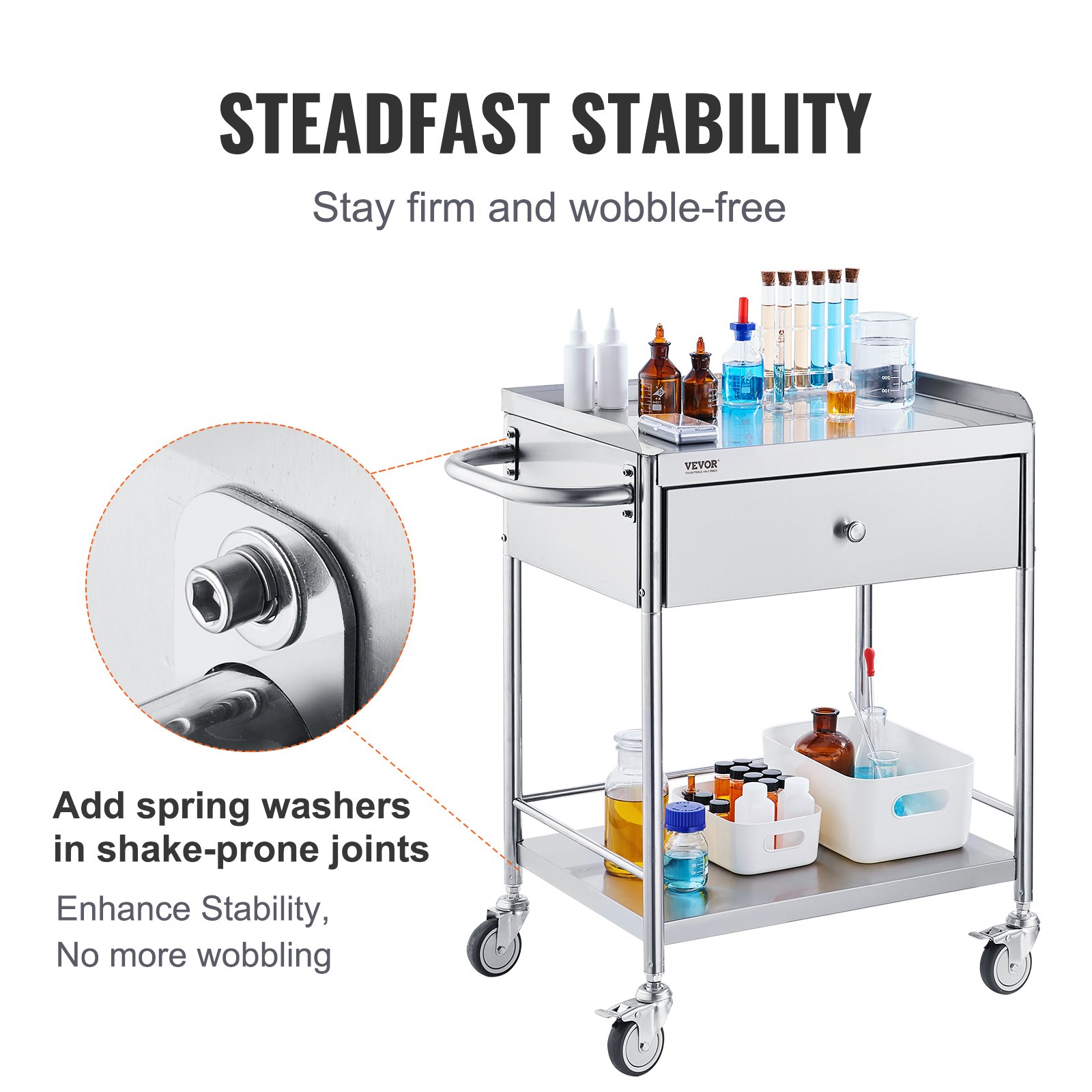 Medical Cart, 2 Layers Stainless Steel 99.8 Kg Weight Capacity, Lab Utility — image 4