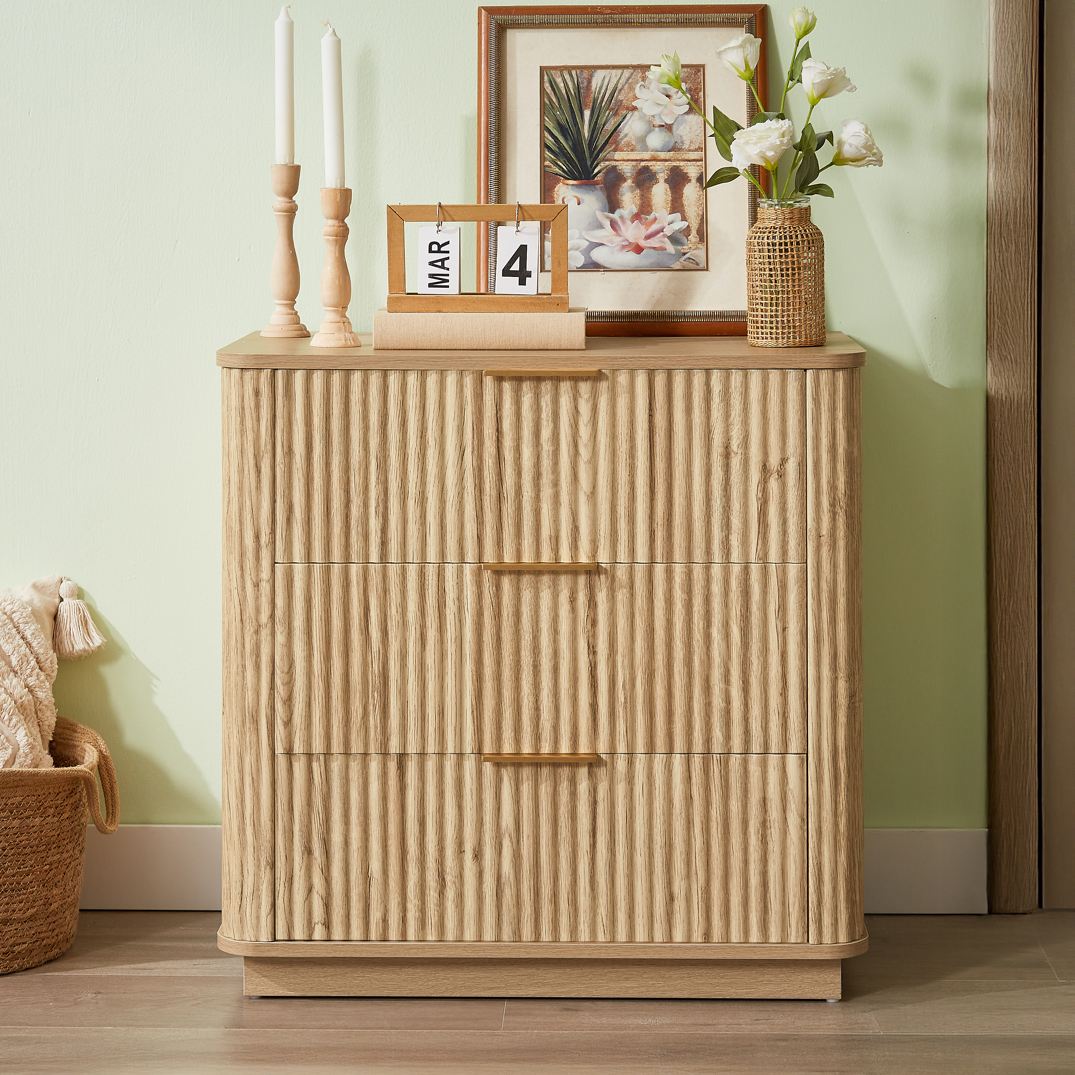 3 Drawers Drasser 2PCS, 27.6'' Wide Modern Chest Of Drawers Curved Wave Design,Nightstand,Wood Drawer Organizer For Bedroom, Living Room, Hallway, Oak,27.6''W X 15.8''D X 27.4''H.