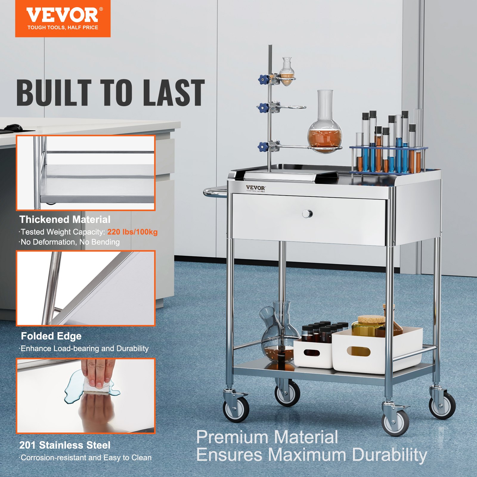 Medical Cart, 2 Layers Stainless Steel 99.8 Kg Weight Capacity, Lab Utility — image 5