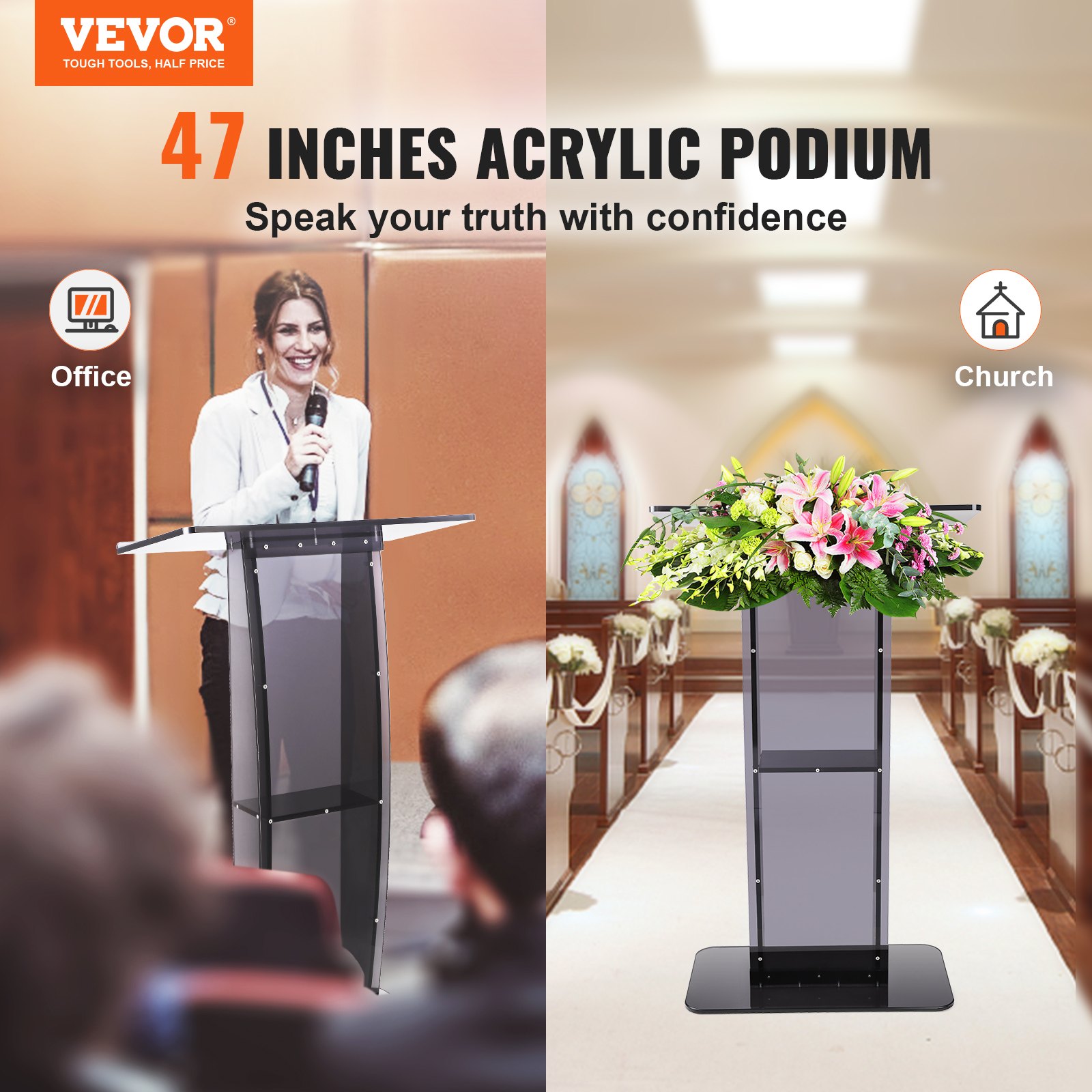 Acrylic Podium, 119 Cm Tall, Stand With Wide Reading Surface & Storage Shelf — image 3