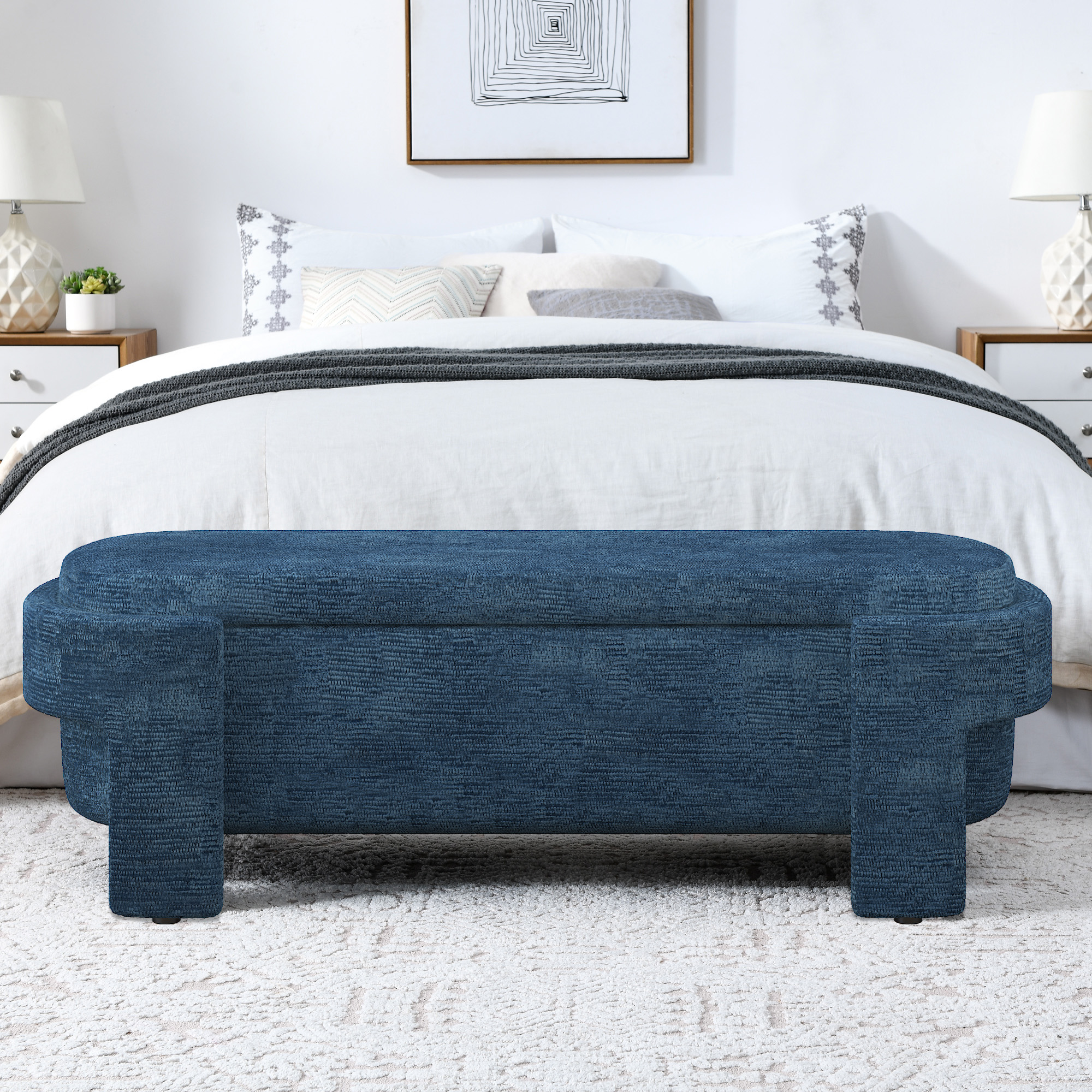 Linen Fabric Upholstered Bench With Large Storage Space For The Living Room, Entryway And Bedroom,dark Blue 51.5x20.5x17_voghion.com