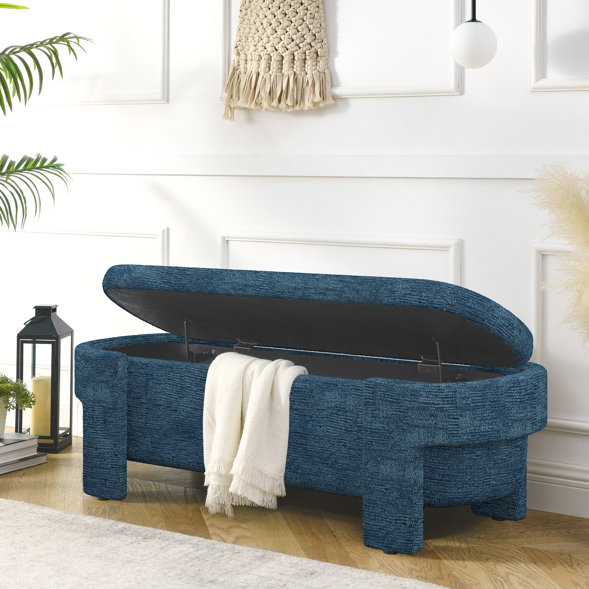 Linen Fabric Upholstered Bench With Large Storage Space For The Living Room, Entryway And Bedroom,dark Blue 51.5x20.5x17_voghion.com