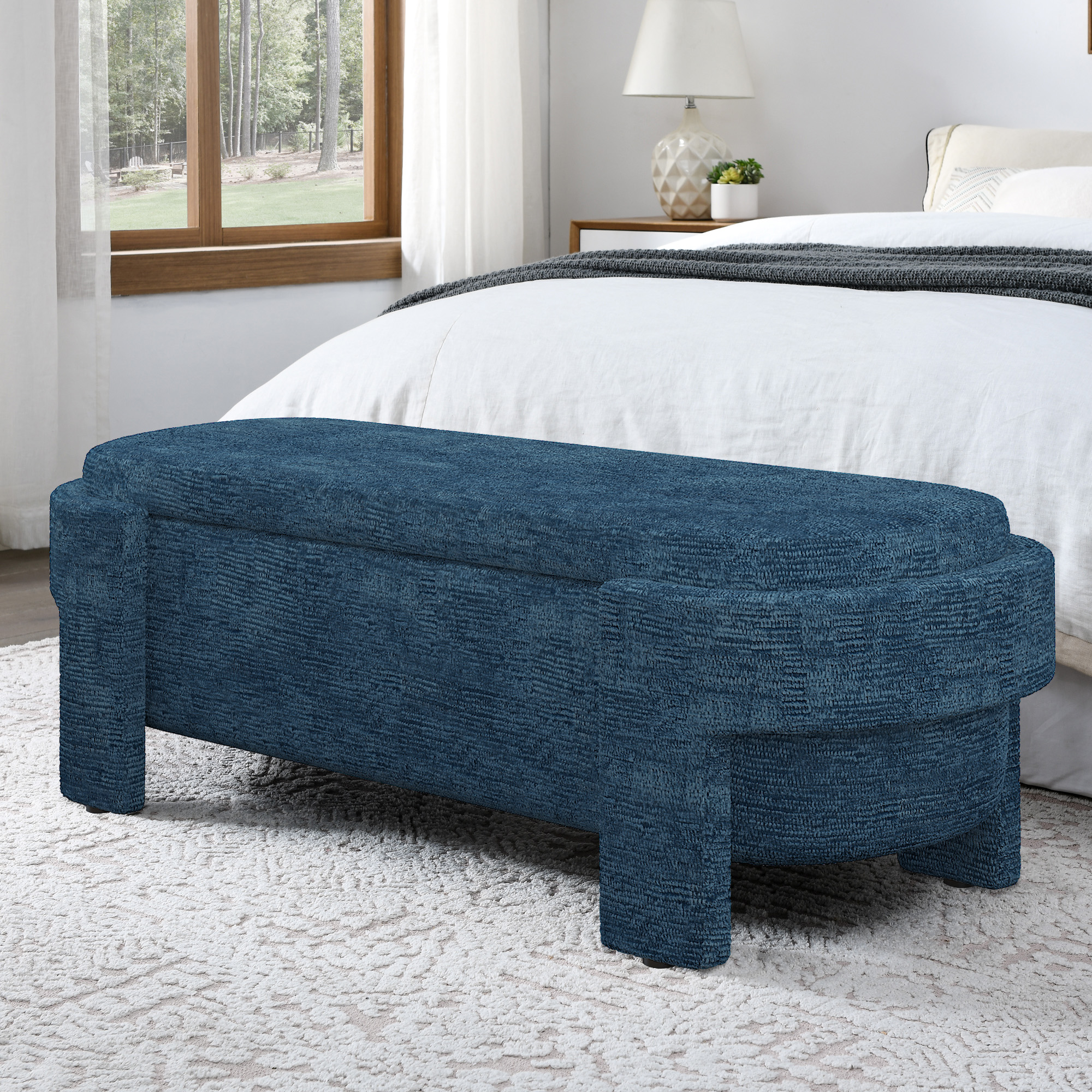 Linen Fabric Upholstered Bench With Large Storage Space For The Living Room, Entryway And Bedroom,dark Blue 51.5x20.5x17_voghion.com