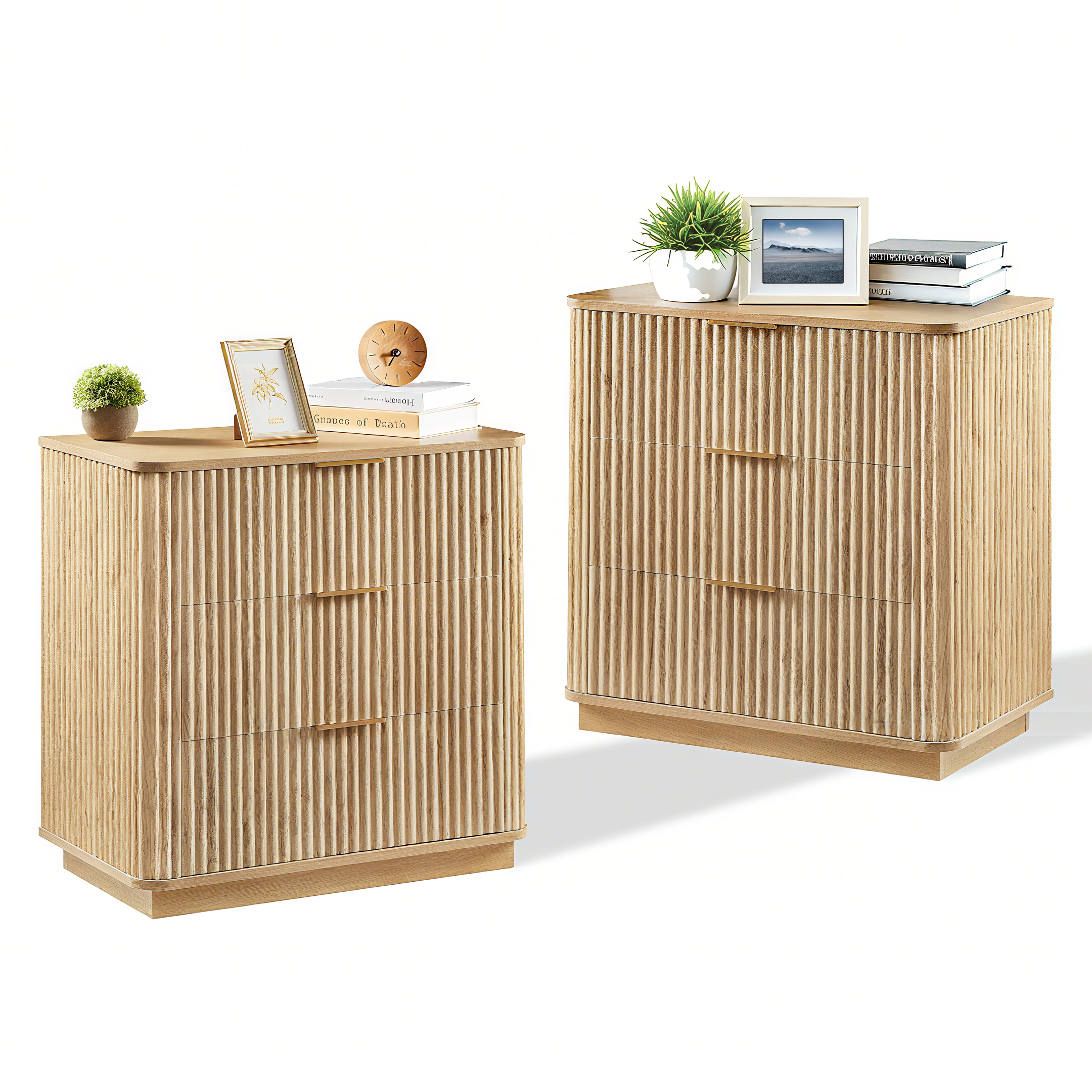 3 Drawers Drasser 2PCS, 27.6'' Wide Modern Chest Of Drawers Curved Wave Design,Nightstand,Wood Drawer Organizer For Bedroom, Living Room, Hallway, Oak,27.6''W X 15.8''D X 27.4''H. - Image 1