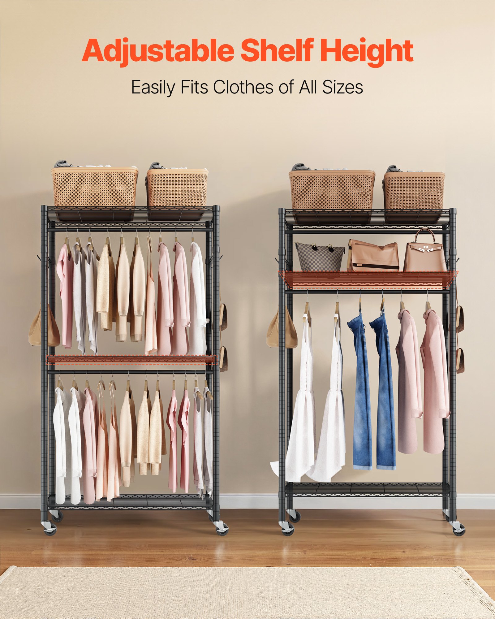 Rolling Clothes Rack, Heavy Duty Clothing Garment 3 Adjustable Tiers Racks — image 4