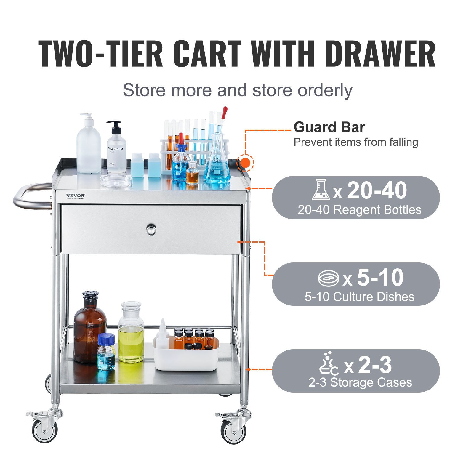 Medical Cart, 2 Layers Stainless Steel 99.8 Kg Weight Capacity, Lab Utility
