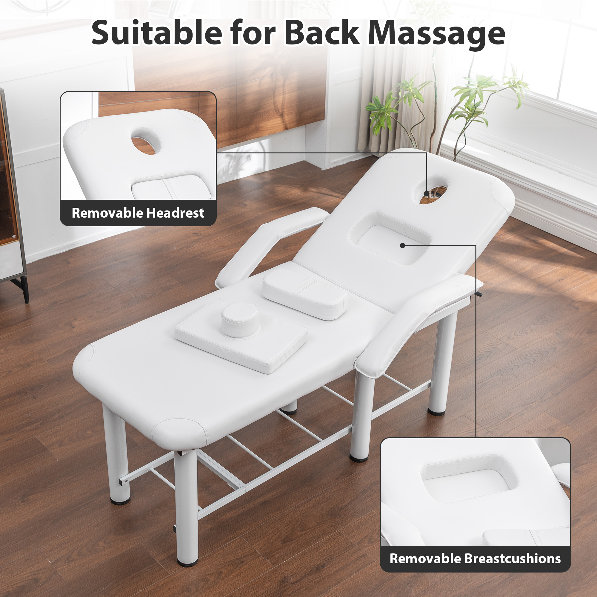 Professional Beauty Bed With Removable Headrest & Breast Cushions, Armrests And Storage Shelf For Full Body Massage, Facial, Tattoo & Spa,White - Image 1
