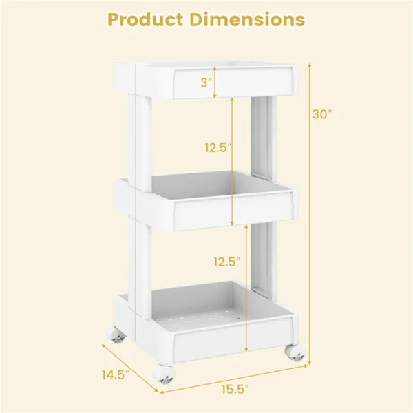 3 -Tier DIY Rolling Storage Cart,15.5 X 14.5 X 30 With Detachable Ventilated Trays For Kitchen & Bathroom