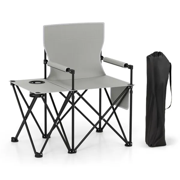 Oversized Foldable Camping Chair With Side Table & Cup Holder, 330 LBS Capacity For Outdoor Use-Gray