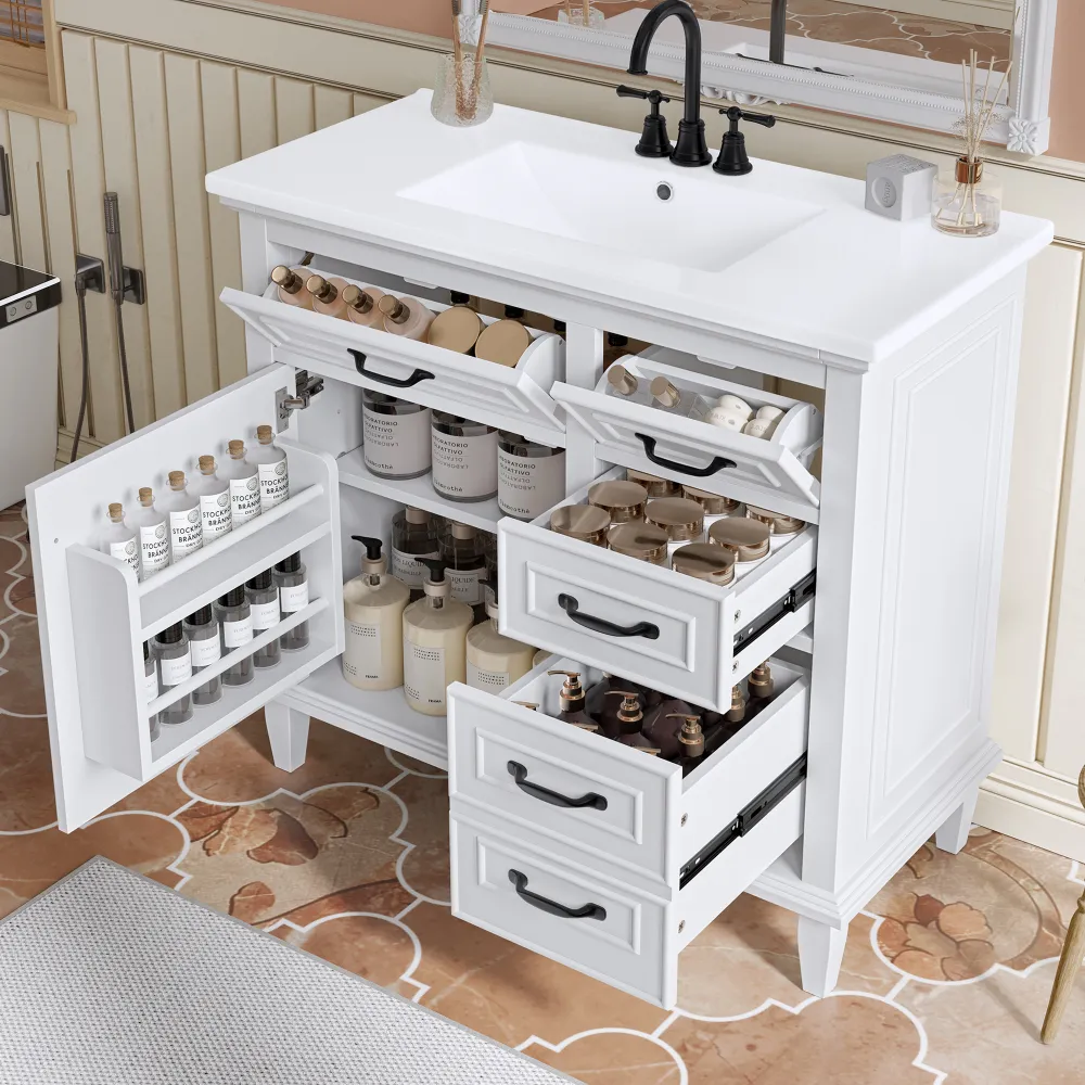 36 Inch Bathroom Vanity With Ceramic Sink Top, Solid Wood Frame, MDF & Poplar Cabinet, Flip Drawers, Adjustable Shelf, And Zinc Alloy Handles, Freestanding Storage Cabinet Faucet Not Included