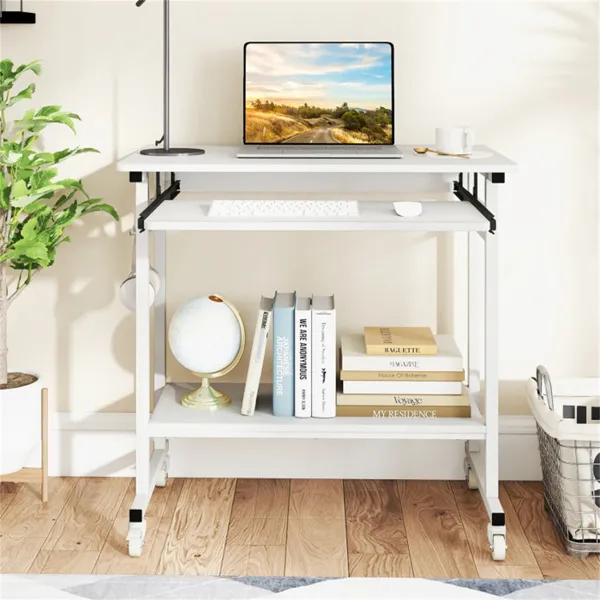 White Mobile Computer Desk With Keyboard Tray & Storage Shelf, 360 Lockable Casters For Home Office