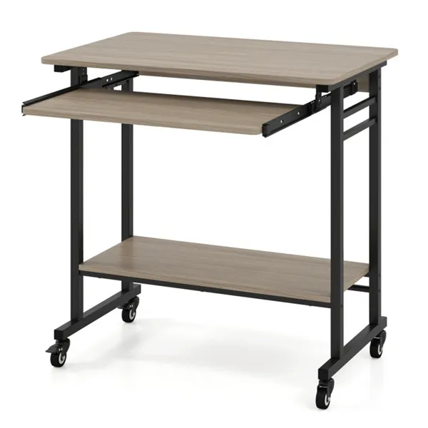 Gray Mobile Computer Desk With Keyboard Tray & Storage Shelf, 360 Lockable Casters For Home Office - Image 5