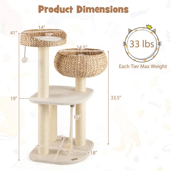 41 Inch Hand-Woven Water Hyacinth Cat Tree, 3 Sisal Scratching Posts Multi-Level Activity Center For Cats-White