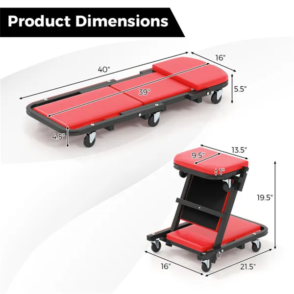 Foldable Garage Creeper With Padded Seat, 6 Universal Casters Dual-Mode Repair Tool For Workshop