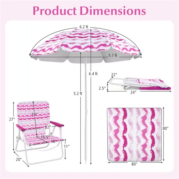 4-Piece Beach Set With 6.2ft Sun-Proof Umbrella, 2 Folding Chairs & 80 X 80 Waterproof Blanket-Pink