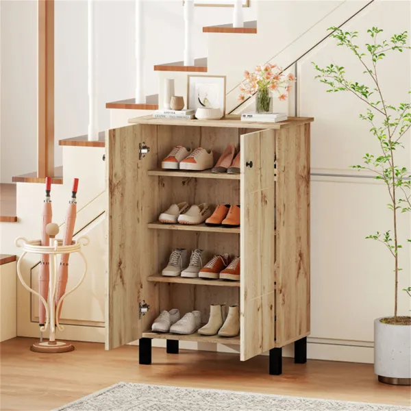 4-Tier Removable Shelf Shoe Organizer, Farmhouse Wooden Shoe Cabinet With Anti-Tip Hardware For Entryway