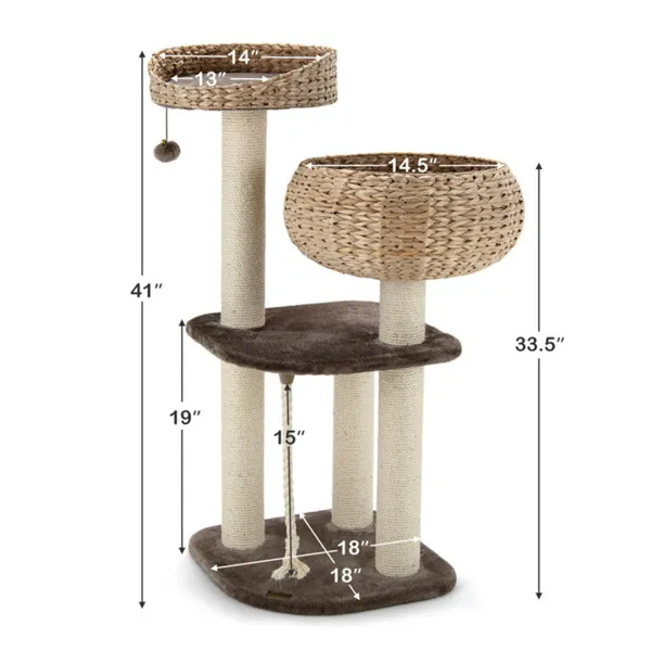 41 Inch Hand-Woven Water Hyacinth Cat Tree, 3 Sisal Scratching Posts Multi-Level Activity Center For Cats-Brown