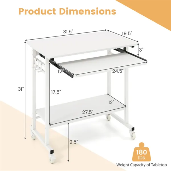 White Mobile Computer Desk With Keyboard Tray & Storage Shelf, 360 Lockable Casters For Home Office