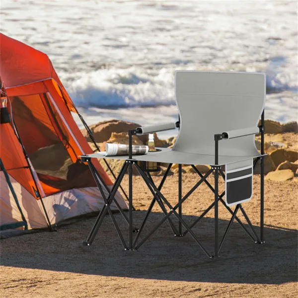 Oversized Foldable Camping Chair With Side Table & Cup Holder, 330 LBS Capacity For Outdoor Use-Gray