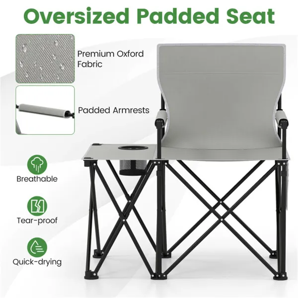 Oversized Foldable Camping Chair With Side Table & Cup Holder, 330 LBS Capacity For Outdoor Use-Gray