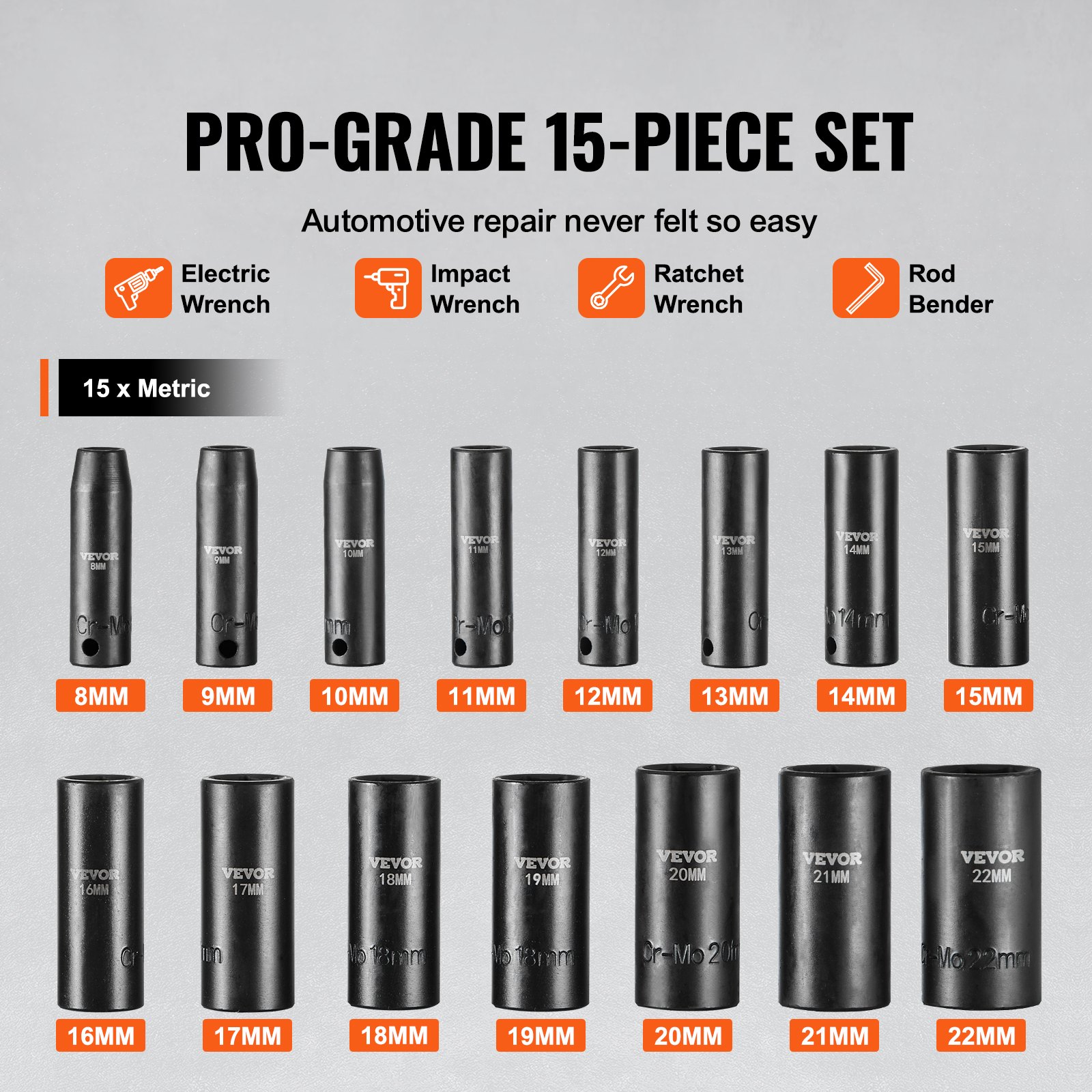 3/8" Drive Impact Socket Set, 15 Piece Deep Metric 8-22mm, 6 Point Cr-Mo Alloy