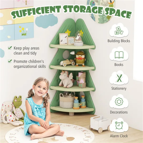 4-Tier Kids Christmas Tree Corner Bookshelf, Anti-Falling Guardrails & Anti-Tipping Kit For 3 Years