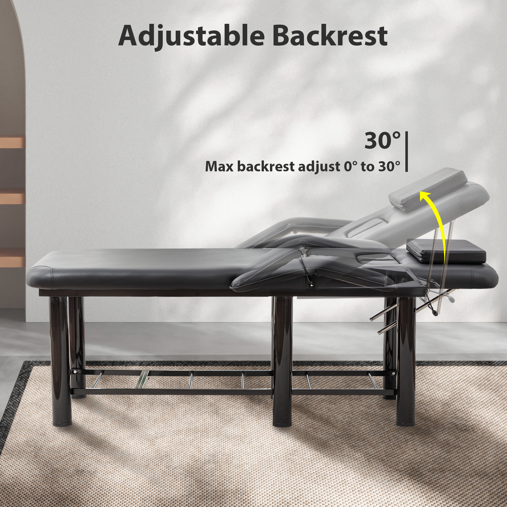 Professional Black Beauty Bed With Removable Headrest & Breast Cushions, Armrests And Storage Shelf For Massage, Facial, Tattoo & Spa